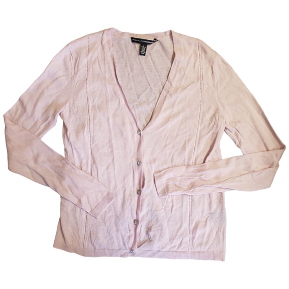 Linda Allard Ellen Tracy Cashmere Pink Cardigan Sweater Rhinestone Button Size L - Picture 1 of 8